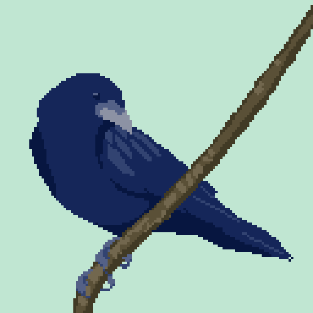 A pixel art image of a crow, perched on a bare branch against a mint green background